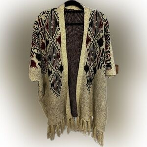 Bohemian Fringe Open Cardigan Ruana - Beige and Black